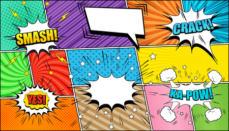 Comic page background with speech bubbles Crack Kapow Smash Yes wordings stars lightnings sound halftone rays slanted lines and radial effects in different colors. Vector illustrationのイラスト素材