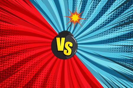 Comic versus bright concept with VS yellow letters in explosive bombs two blue and red sides rays halftone radial humor effects. Vector illustrationのイラスト素材