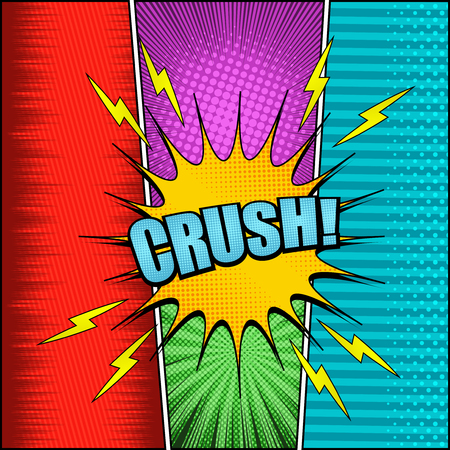 Comic colorful bright concept with yellow speech bubble Crush blue inscription lightnings rays radial stripes and halftone effects. Vector illustrationのイラスト素材