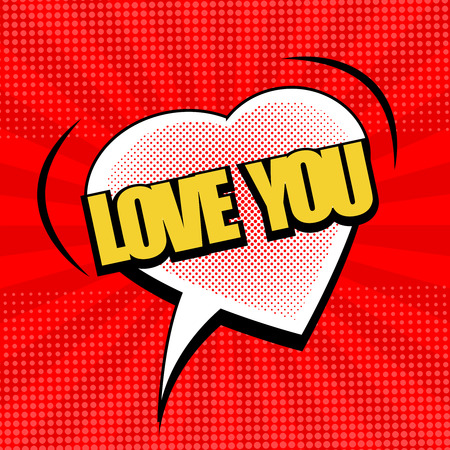 Comic amorous bright template with white heart speech bubble Love You wording sound halftone and radial effects on red background. Vector illustrationのイラスト素材