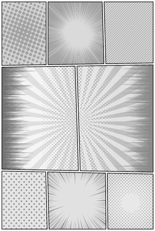 Comic book page monochrome template with rays slanted lines radial and halftone humor effects. Vector illustrationのイラスト素材