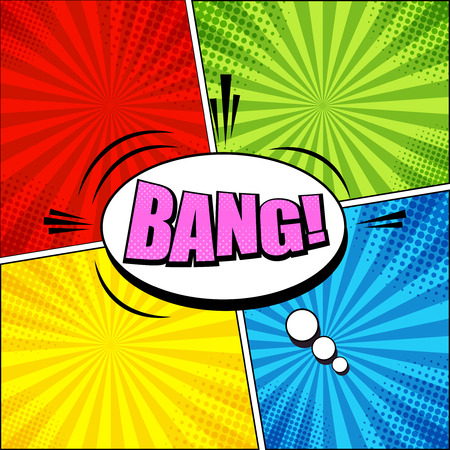 Comic colorful bright template with white speech bubble pink Bang inscription radial and halftone effects. Vector illustrationのイラスト素材