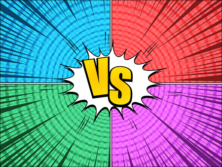 Comic versus bright composition with VS letters purple green blue and red sides rays halftone circles humor effects. Vector illustrationのイラスト素材