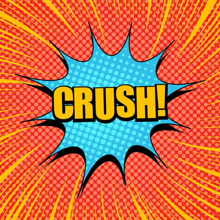 Comic page explosive template with yellow Crush inscription blue speech bubble halftone and rays humor effects on red background. Vector illustrationのイラスト素材