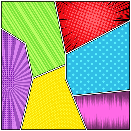 Comic book page colorful concept with slanted lines halftone radial rays humor effects. Vector illustrationのイラスト素材