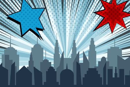 Comic cityscape bright explosive concept with city silhouette radial rays halftone humor effects blue and red starry dynamic speech bubbles. Vector illustrationのイラスト素材