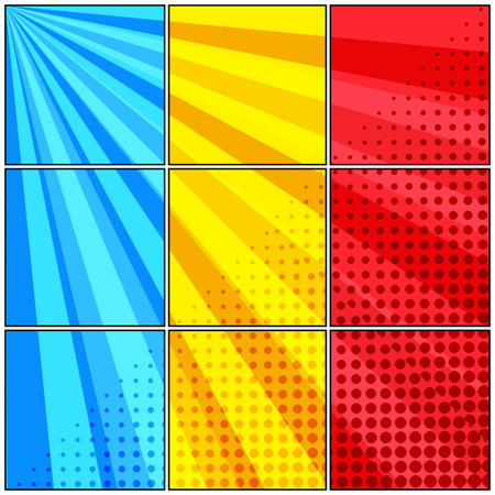 Comic dynamic concept with radial and halftone humor effects in blue yellow red colors. Vector illustrationのイラスト素材