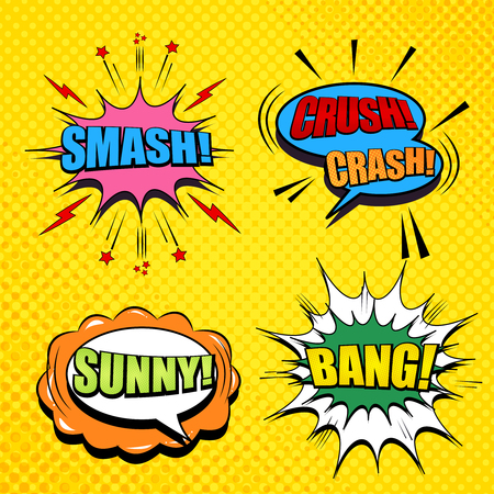 Comic pages collection with Smash Crush Crash Sunny Bang wordings colorful speech bubbles dotted sound lightnings halftone effects on yellow background. Vector illustrationのイラスト素材