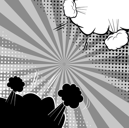 Comic abstract versus monochrome template with white speech bubbles in corners of composition sound radial halftone humor effects. Vector illustrationのイラスト素材
