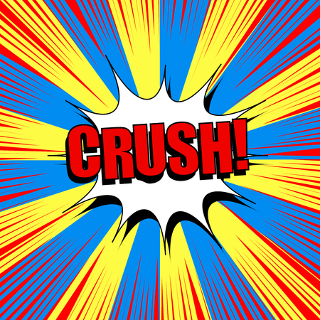 Comic book page bright concept with red Crush wording white speech bubble colorful radial and rays humor effects on yellow background. Vector illustrationのイラスト素材