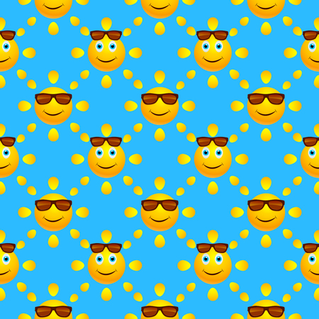 Bright summer seamless pattern with smiling suns in sunglasses on blue background. Vector illustrationのイラスト素材