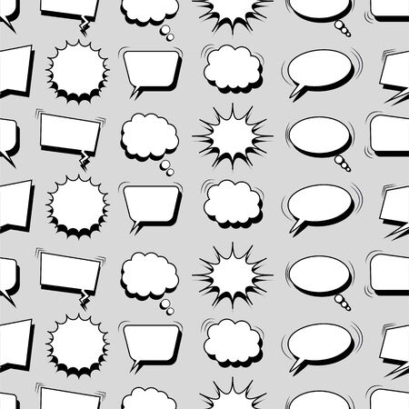 Comic monochrome design seamless pattern with white speech bubbles and sound effects on gray background. Vector illustrationのイラスト素材
