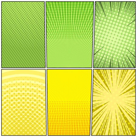 Comic frames bright composition with radial halftone circles rays dotted slanted lines humor effects in green and yellow colors. Vector illustrationのイラスト素材