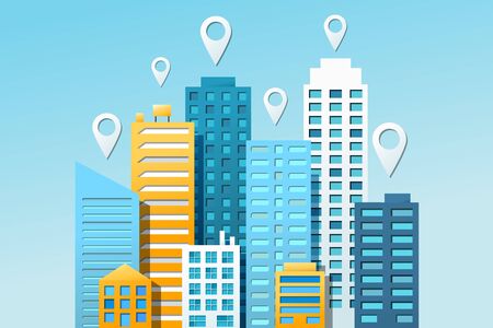 City navigation colorful concept with navigational pins and cityscape on light blue background. Vector illustrationのイラスト素材