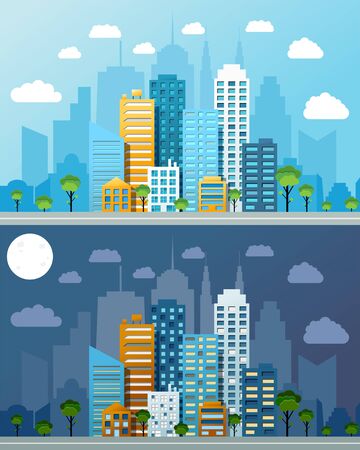 Night and day cityscapes composition with modern buildings trees road clouds and moon. Vector illustrationのイラスト素材