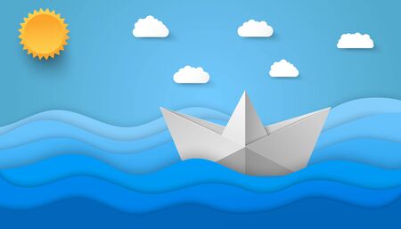 Origami style sea background with paper sun clouds and boat floating on waves. Vector illustrationのイラスト素材