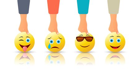 Cartoon bright emoticons concept with male hands holding funny cute emojis. Isolated vector illustrationのイラスト素材