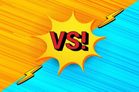 Comic versus bright concept with yellow speech bubble red Vs wording lightnings orange and blue dynamic speed lines. Vector illustrationのイラスト素材