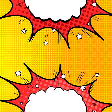 Colorful comic bright dynamic concept with speech bubbles in front of each others stars sound and halftone effects. Vector illustrationのイラスト素材