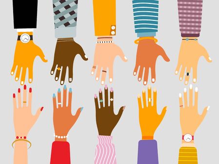 International unity and friendship concept with female and male hands of different races and nationalities reaching each others in flat style. Vector illustrationのイラスト素材