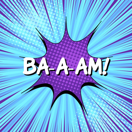 Explosive light comic concept with white Bam wording purple speech bubble halftone rays and radial effects. Vector illustrationのイラスト素材