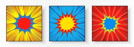Comic square bright explosive composition with blank speech bubbles rays radial effects in blue yellow red colors. Vector illustrationのイラスト素材