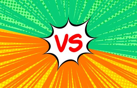 Comic fight and duel burst concept with red VS letters white speech bubble orange and green rays halftone effects. Vector illustrationのイラスト素材