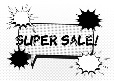 Super Sale advertising comic concept with rectangular speech bubble clouds halftone effects in monochrome style. Vector illustrationのイラスト素材