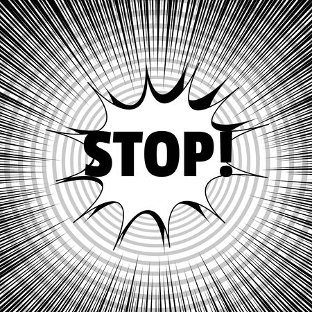 Monochrome comic explosive concept with Stop wording circles and rays effects. Vector illustrationのイラスト素材