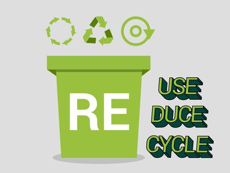 Environmental protection flat concept with trash container reduce reuse recycling inscriptions and symbols. Vector illustrationのイラスト素材