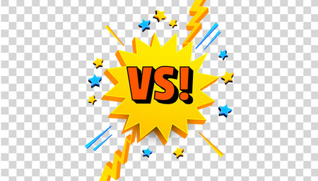 Comic competitive template with VS letters 3d yellow speech bubble lightnings stars on transparent...