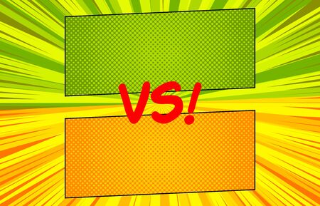 Comic competitive horizontal concept with VS wording green and orange rectangles rays radial halftone effects. Vector illustrationのイラスト素材