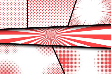 Comic bright background with red humor effects on white frames. Vector illustrationのイラスト素材