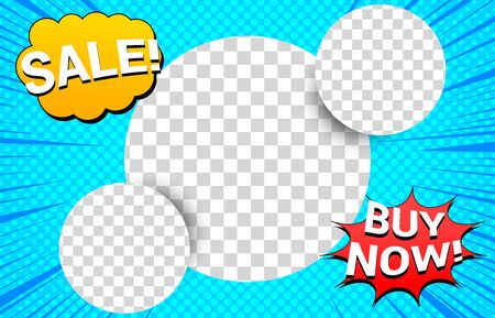 Comic advertising bright concept with speech bubbles promotional inscriptions and round shapes with transparent backgrounds on blue halftone backdrop. Vector illustrationのイラスト素材