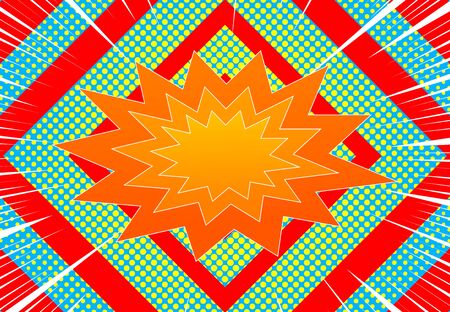 Comic explosive horizontal concept with orange speech bubble white rays red diamonds and yellow halftone effects on blue background. Vector illustrationのイラスト素材