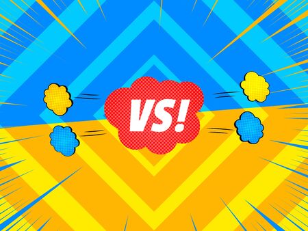 Comic duel explosive concept with red speech bubble blue and yellow rays clouds diamonds effects. Vector illustrationのイラスト素材