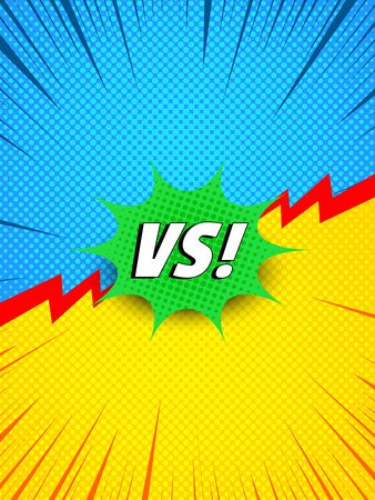 Colorful comic dynamic duel concept with white VS wording green speech bubble red lightnings blue and yellow halftone rays effects. Vector illustrationのイラスト素材