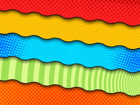 Comic colorful banners with different bright patterns and wavy dividing lines. Vector illustrationのイラスト素材