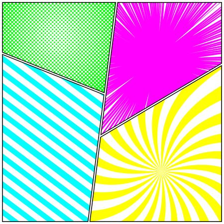 Comic vivid composition with stripes radial rays halftone effects. Vector illustrationのイラスト素材