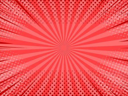 Comic abstract red background with radial rays and halftone effects. Vector illustrationのイラスト素材