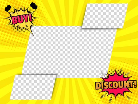 Comic advertising bright concept with speech bubbles promotional inscriptions rectangular shapes with transparent backgrounds yellow radial and halftone effects. Vector illustrationのイラスト素材