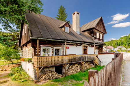 Vrchlabi, Hradec Kralove province, Czech Republic - August 5, 2017: House with seven gables, restaurant on Labska street.のeditorial素材