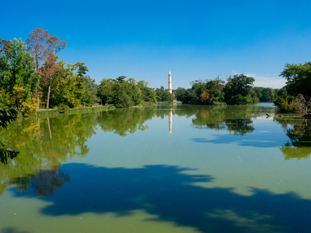 Lednice, South Moravian province, Czech Republic - August 28, 2016: Minaret tower dominating manorial pond. Former Liechtenstein summer residence, Lednice-Valtice Area.のeditorial素材