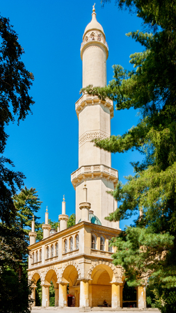Lednice, South Moravian province, Czech Republic - August 28, 2016: Minaret observation tower. Former Liechtenstein summer residence, Lednice-Valtice Area.のeditorial素材