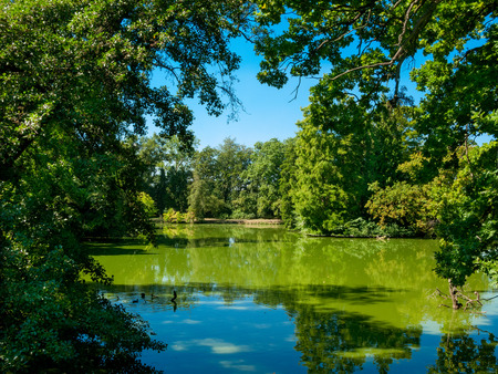 Lednice, South Moravian province, Czech Republic - August 28, 2016: Pond in former Liechtenstein summer residence, Lednice-Valtice Area.のeditorial素材