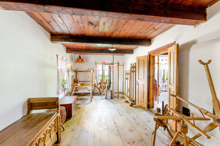 Kadzidlo, Mazovia province, Poland - July 12, 2015: interior of traditional house from Kurpie, ethnic region in Poland.のeditorial素材