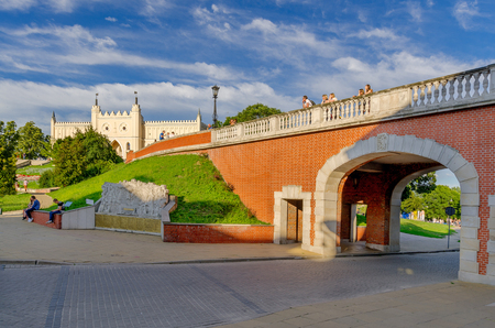 Lublin, Lublin province, Poland - July 8, 2017. Zamkowy square, footbridge leading to the Royale Castle.のeditorial素材