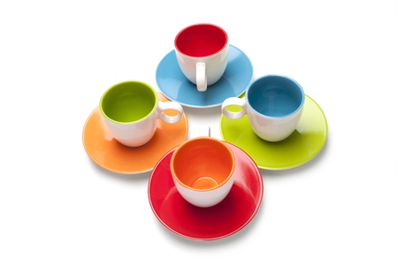 cups and colors on white backgroundの写真素材
