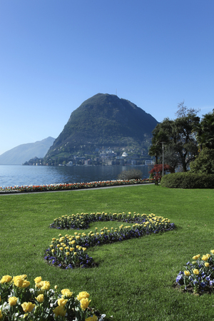 beautiful view of lake Lugano from the park, panoramaの写真素材