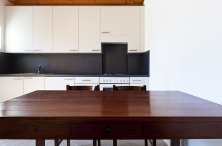 wooden kitchen table, rural home interiorの写真素材